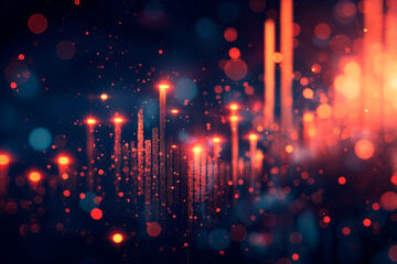 Fototapeta premium Futuristic glowing digital cityscape with particles, in blue and orange tones on a dark background, concept of technology. Generative AI