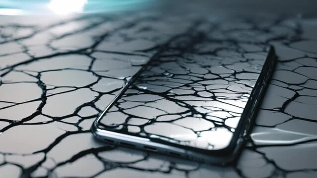 The cracked screen of a discarded smartphone showcases a distorted image of the surface as it spirals down into oblivion