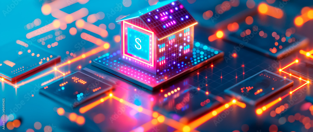 Poster illuminated digital house symbolizing financial technology on a circuit board, against a blue and or
