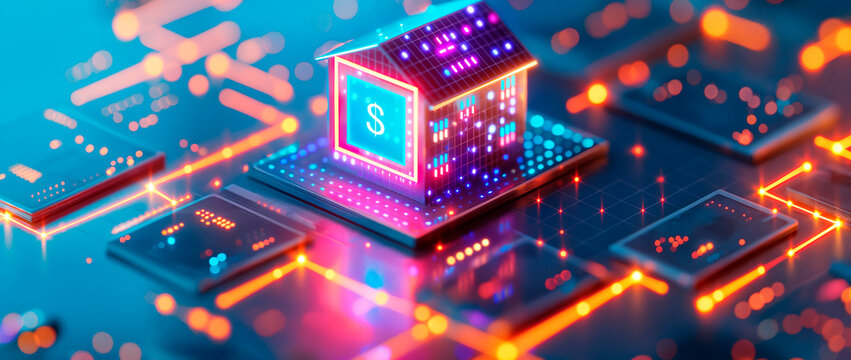 Illuminated digital house symbolizing financial technology on a circuit board, against a blue and orange backdrop, illustrating a finance tech concept. Generative AI - Powered by Adobe