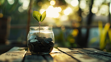 A glass jar full of coins with a small plant sprouting, on a wooden table with a blurred natural background, symbolizing investment growth. Generative AI - Powered by Adobe
