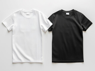 Fototapeta premium Two blank t-shirts, one white and one black, laid flat on a white background, concept of mockup design. Generative AI