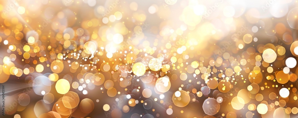 Poster christmas abstract background with golden lights and beautiful round bokeh. signage format is wide a