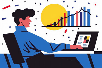 Obraz premium An illustration depicting a businessman working on a laptop with financial data and growth charts, indicating success and positive financial performance