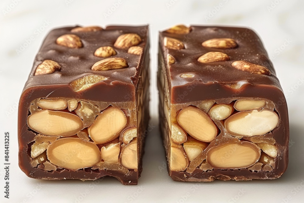 Poster rich chocolate bars with whole nuts embedded, showcasing a combination of crunchy and smooth texture
