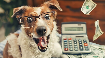 Excited Dog Glasses Calculator Money Flying Humorous Concept