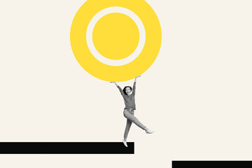 Composite collage image picture of mini girl hold huge button isolated on creative background
