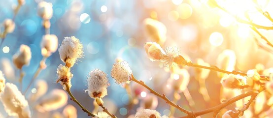 Fototapeta premium An ultra wide format picture of a spring landscape with blossoming willow branches and a rural road. Blue sky with bright sunlight, soft focus.