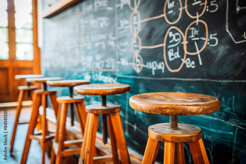 Poster wooden stools in a classroom with a chalkboard full of equations, set on a blurred background, depic