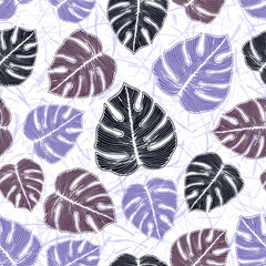 Philodendron tropical leaves floral repeat pattern over noisy background.