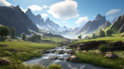 A picturesque mountain landscape with green meadows
