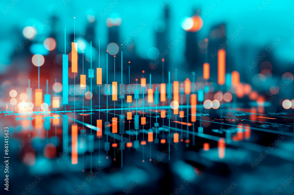 Poster abstract financial chart with candlestick graph on blue bokeh background, concept of stock market. g