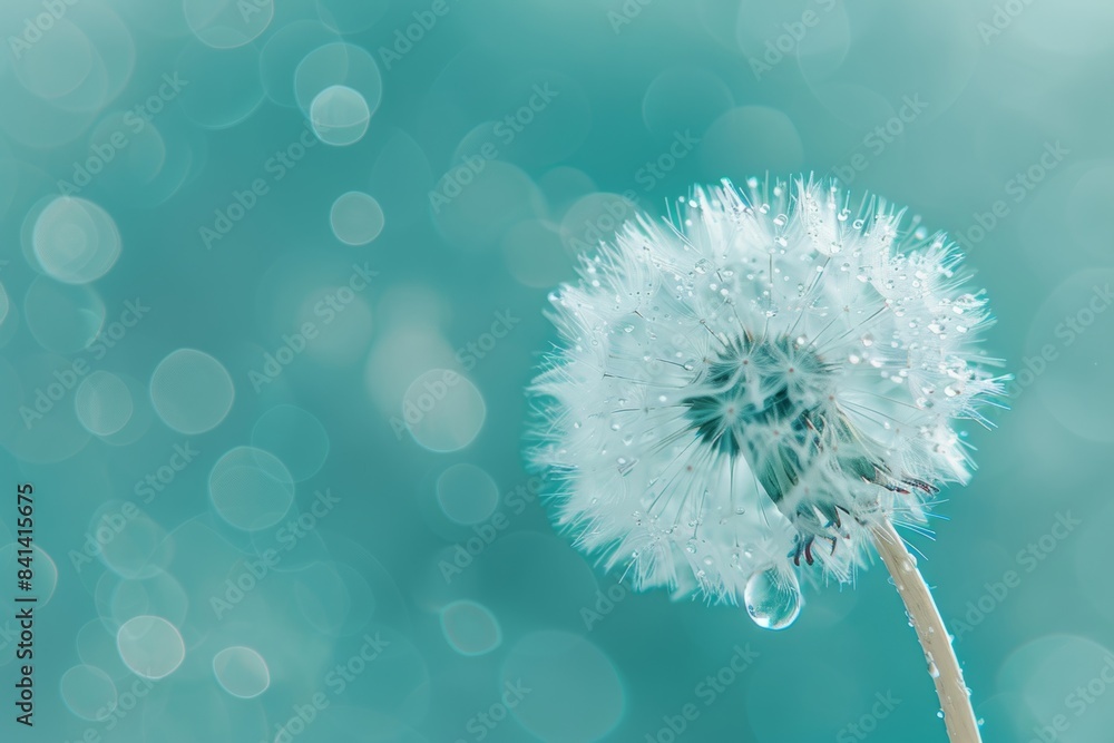 Poster a beautiful dew drop on a macro flower of dandelion with soft selective focus on a bright blue and l