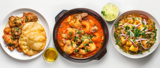 A colorful array of traditional Indian dishes includes vibrant curries, flavorful appetizers, and fresh garnishes in bowls on a white background.