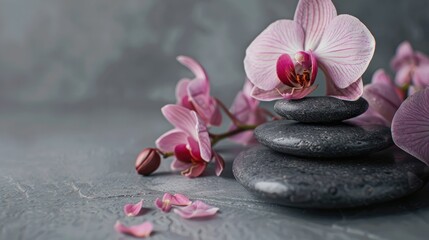 Fototapeta premium Black spa stone and pink orchid flowers on a table with a gray background