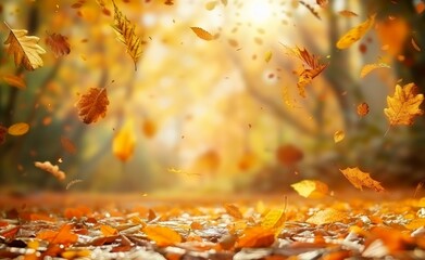 Stunning autumn scenery with carpets of orange and yellow maple leaves in sunlight. Autumn landscape framed by blurry defocused forest in the background.