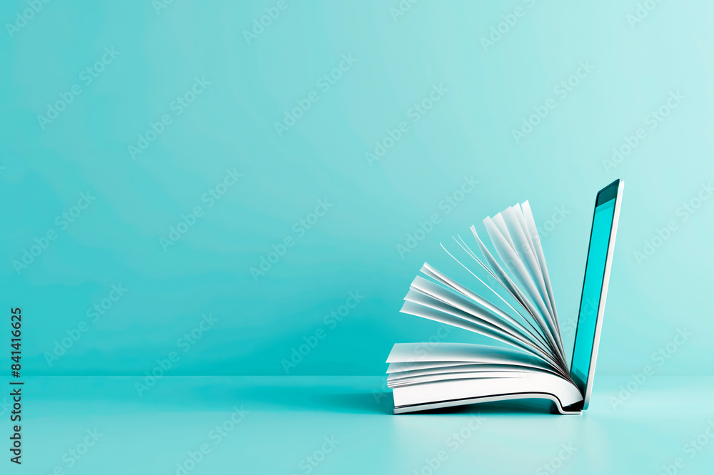 Poster An open book on a blue background, concept of knowledge and learning. Generative AI