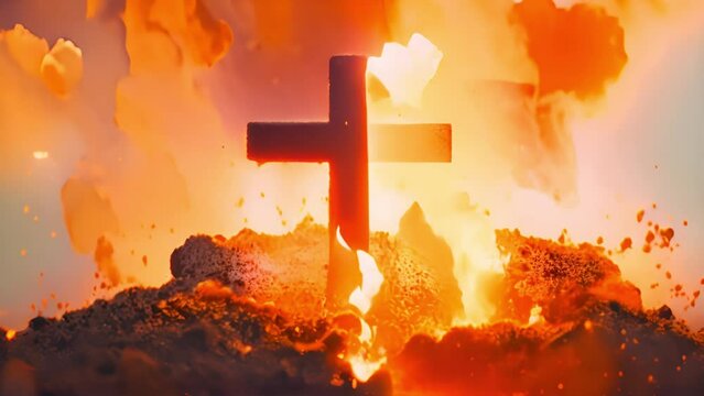 Religious cross on fire with fire flames. Christianity Religion Symbol Cross on Fire Burning Hell. Burning cross of Jesus 4k video