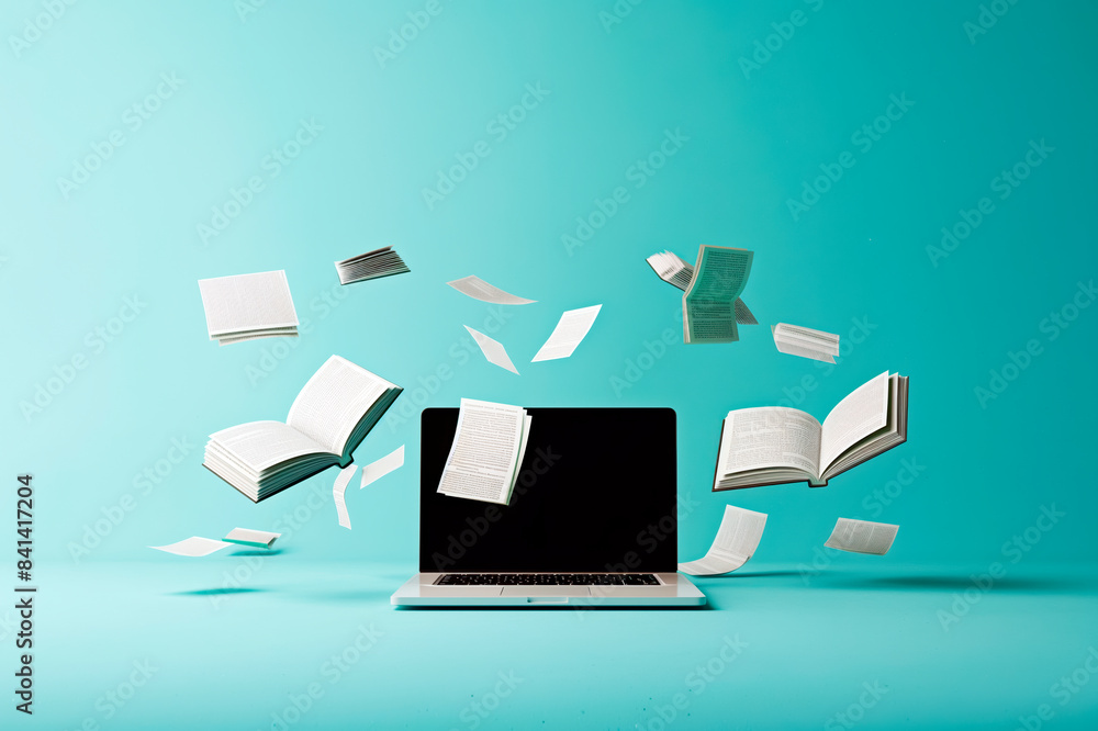 Poster Books floating around an open laptop on a teal background, illustrating a concept of digital learning or online research. Generative AI