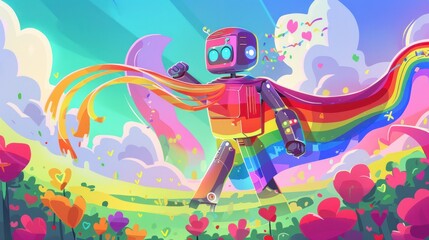 Robot with Rainbow Flag in Flower Field