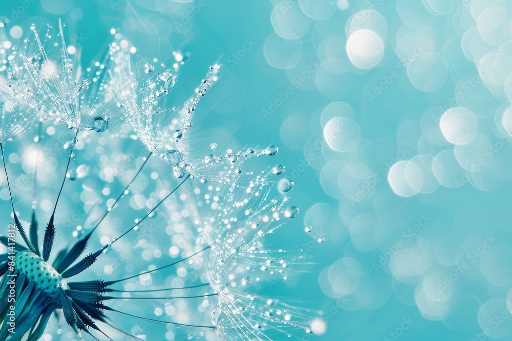 Poster an abundance of dandelion seeds on a blue and turquoise background with a soft focus in nature macro