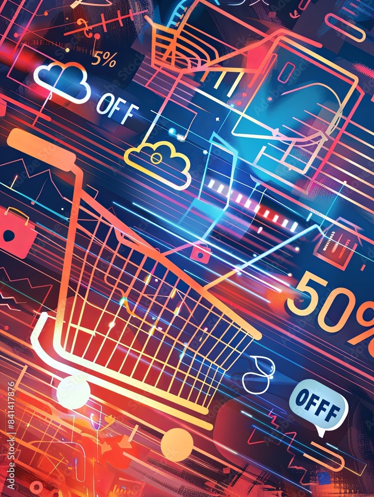 Aufkleber A vibrant digital art image featuring a shopping cart speeding through a futuristic cyberspace with glowing 50% off discounts. Generative AI