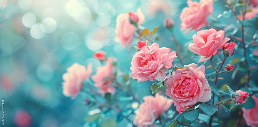 Poster bluish soft focus selective soft focus of fluffy branches of blooming shrub rose of excelsa against 