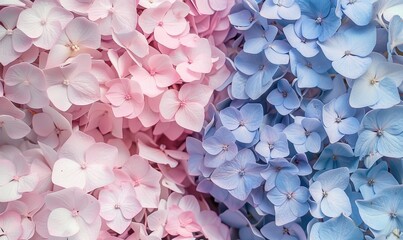 A delicate natural floral background with blue and violet pastel colors. A macro shot of Hydrangea flowers in nature with soft focus.