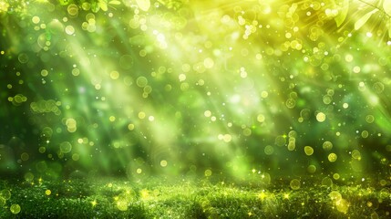 Abstract green light burst on dark background with yellow and golden green sparkles
