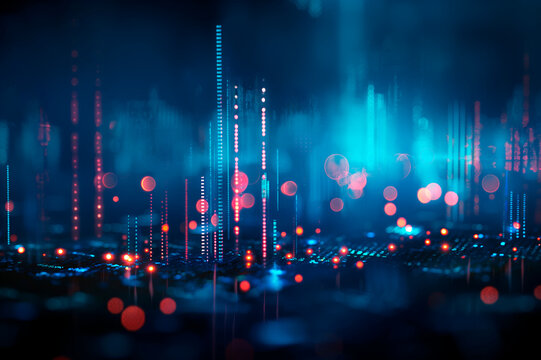 Abstract digital landscape with glowing particles and light effects on a dark blue background, concept of technology. Generative AI