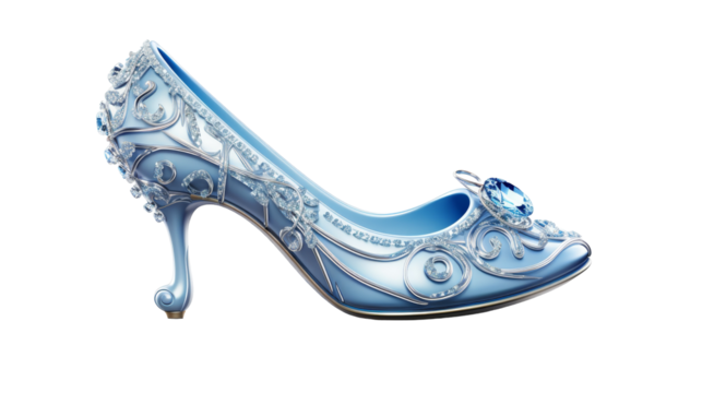 A Single Blue Glass Slipper With Crystal Embellishments and a Curved Heel