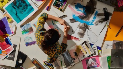 Artist at work with vibrant paintings and drawing supplies on a cluttered table