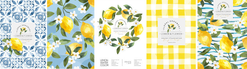 Lemon, flowers and blue Mediterranean tiles. Vector cute elegant watercolor illustration of lemons, frame, wreath, yellow checkered tablecloth and pattern for background, card, invitation or poster