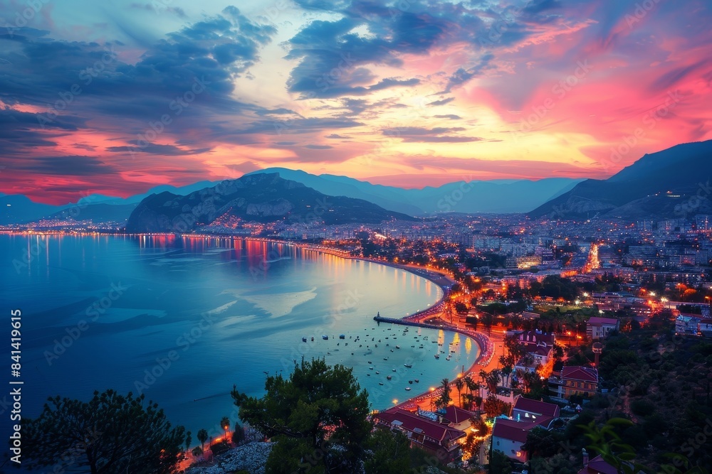 Wall mural Photo of the Turkish resort Alanya taken from an aerial photograph showing the beautiful evening sky with reflections on the water of the bay, a silhouette of the mountains with scattered lights and