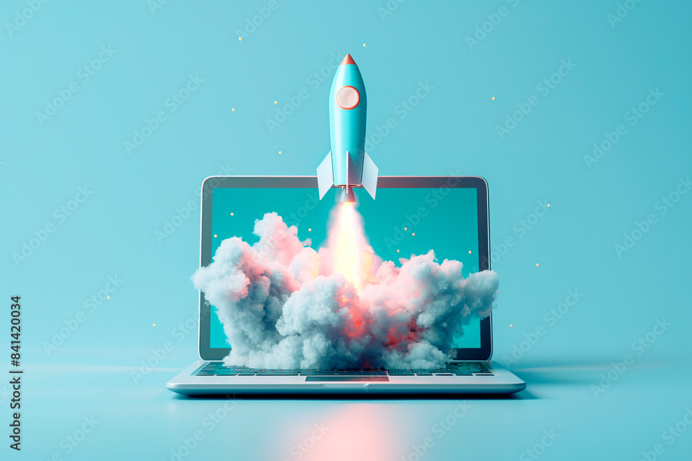 Poster a rocket launching from a laptop on a blue background, symbolizing startup and innovation. generativ