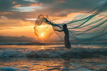 At twilight, a local fisherman throws his net from a beach.