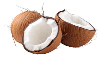 Three Whole Brown Coconuts With One Half Opened Showing White Interior