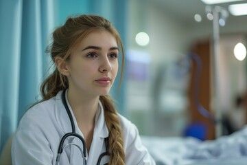 A young, smiling doctor sits in the hospital's lab and looks into the camera. picture