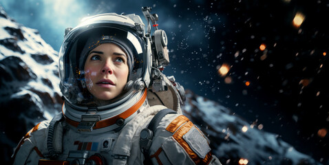 A female astronaut in space with a detailed spacesuit, set against a cosmic background with floating debris, illustrating a concept of space exploration. Generative AI