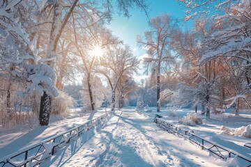 Public snow-covered park with deciduous and coniferous trees and bushes against cold winter sky and setting sun.