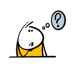 Cartoon stickman sits at a table and looks thoughtfully. Vector illustration of  guy and  question mark. Boy solves  problem at school. Isolated cartoon character  on white background.