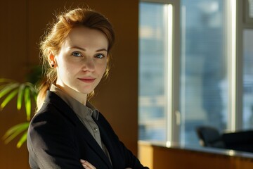 a cheerful young professional woman in her office. A professional manager or executive in a black suit facing the camera. picture