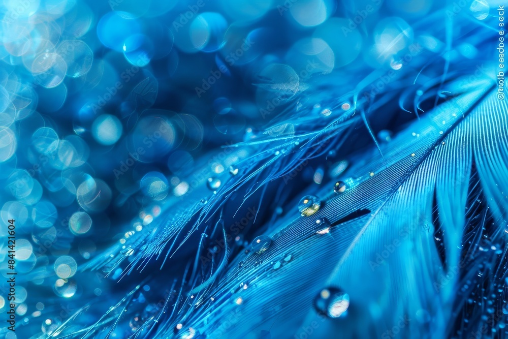 Poster water droplets on feather symbolize fragility and purity of nature in a beautiful macro image.