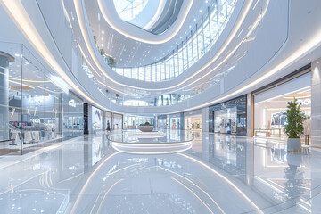 A large, empty shopping mall with a white ceiling and white walls with copy space
