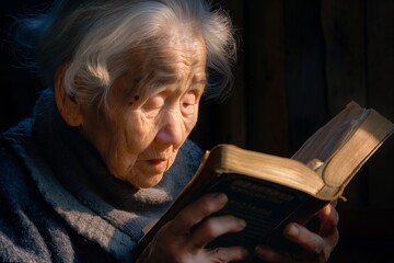 Elderly woman reading a book while sitting