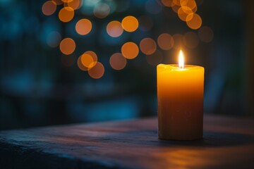 Festive background and burning candle on a Bokeh effect