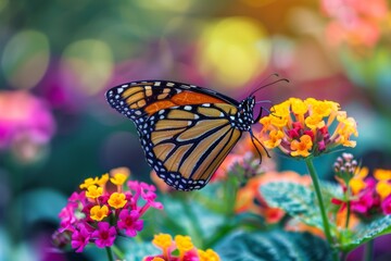 Obraz premium It's a beautiful sunny day for this picture of a monarch butterfly on a lantana flower.