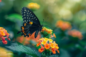 Obraz premium In nature, a monarch butterfly on lantana flowers is a beautiful sight.