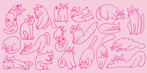 Cute doodle cats set. Collection of fluffy hand drawn kittens playing, sleeping, hiding. Playful funny cat characters for graphic prints. © Veronica