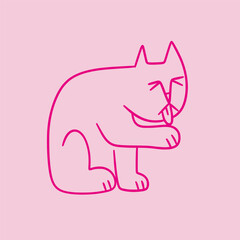 Cute doodle cat with funny grumpy face. Hand drawn outline kitty grooming itself. Fluffy playful cartoon character for t-shirt print, decorations.